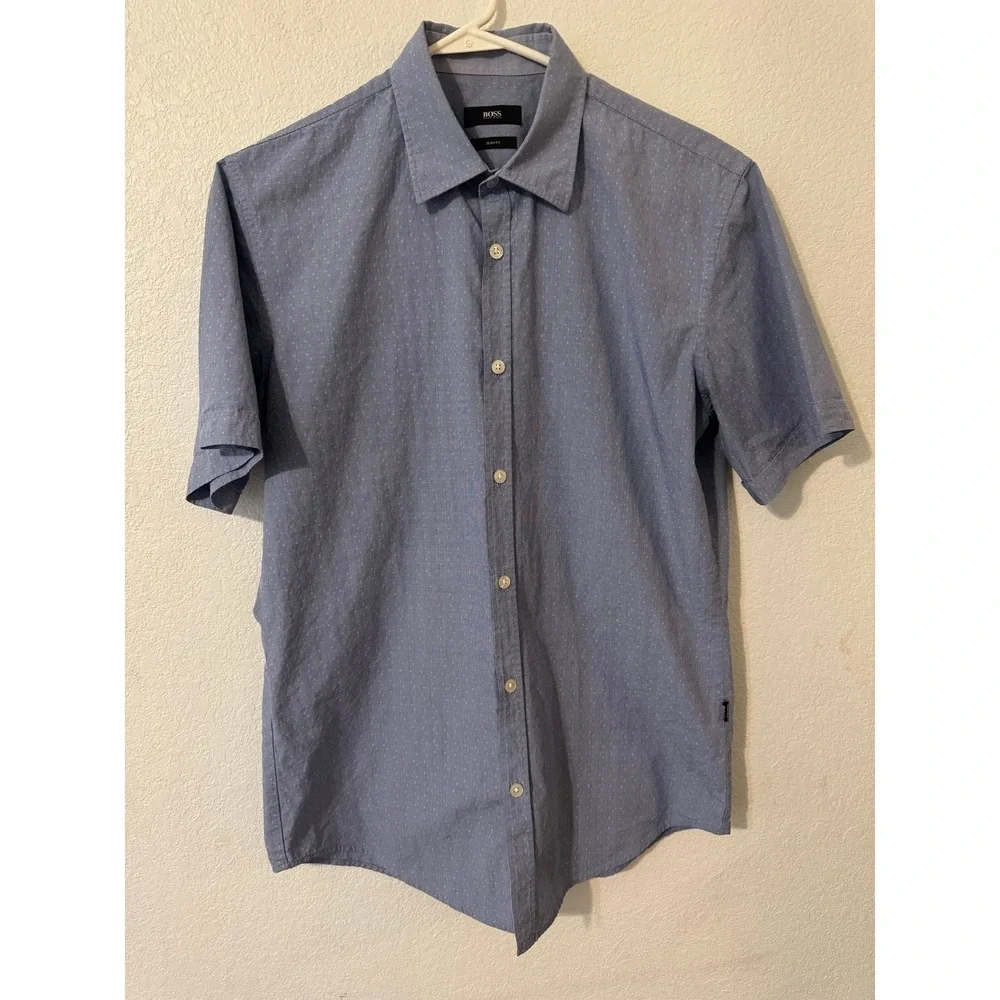 Hugo Boss Mens Shirt Slim Fit Blue Micro Pattern‎ Short Sleeve Button Up Size M